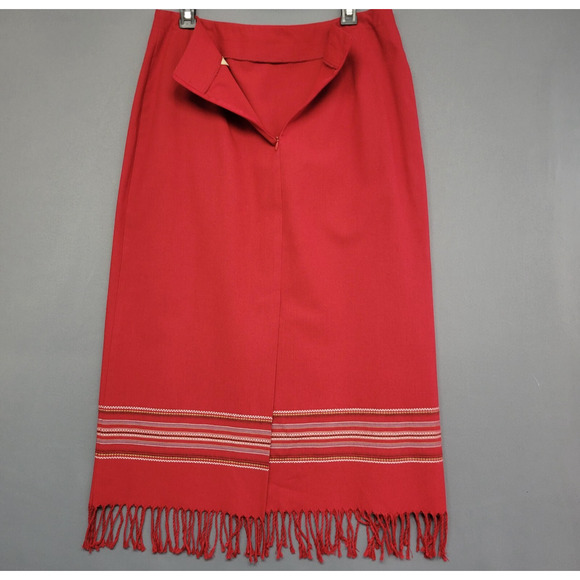 Vintage Michele Maxi Skirt Womens 14 Red Embroidered Stripes Fringe Western Boho - Picture 9 of 11
